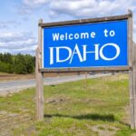 A Welcome to Idaho roadside sign on a country road in a rural area of North Idaho near Coeur d'Alene and Post Falls Idaho, -cm